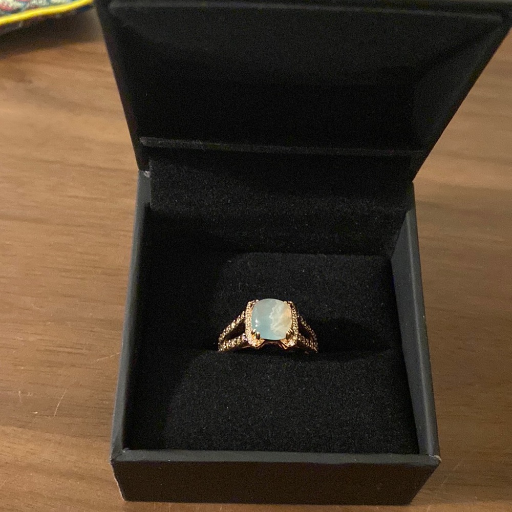LEVIAN 14k Rose gold, Aquaprase stone with chocolate and white diamonds ring.